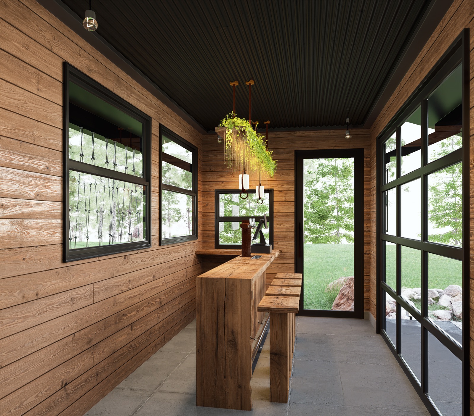 Interior walk-up bar with hanging plants and glass garage doors