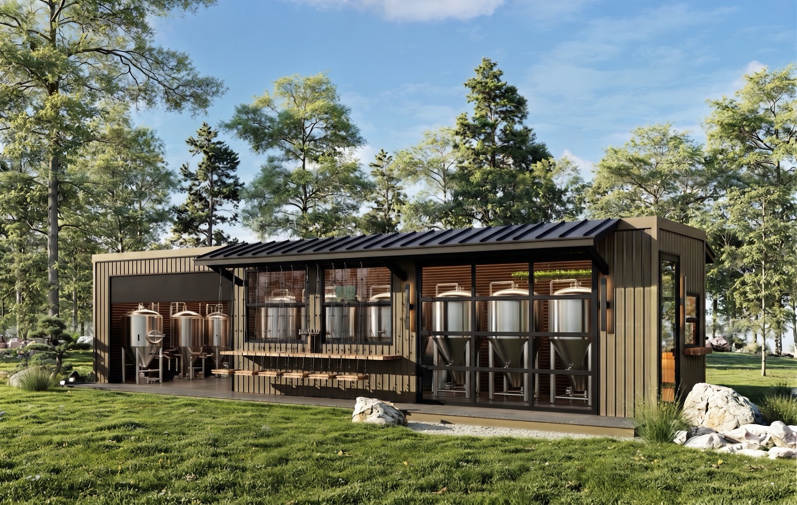 40-foot BrewBox, front elevation with glass doors