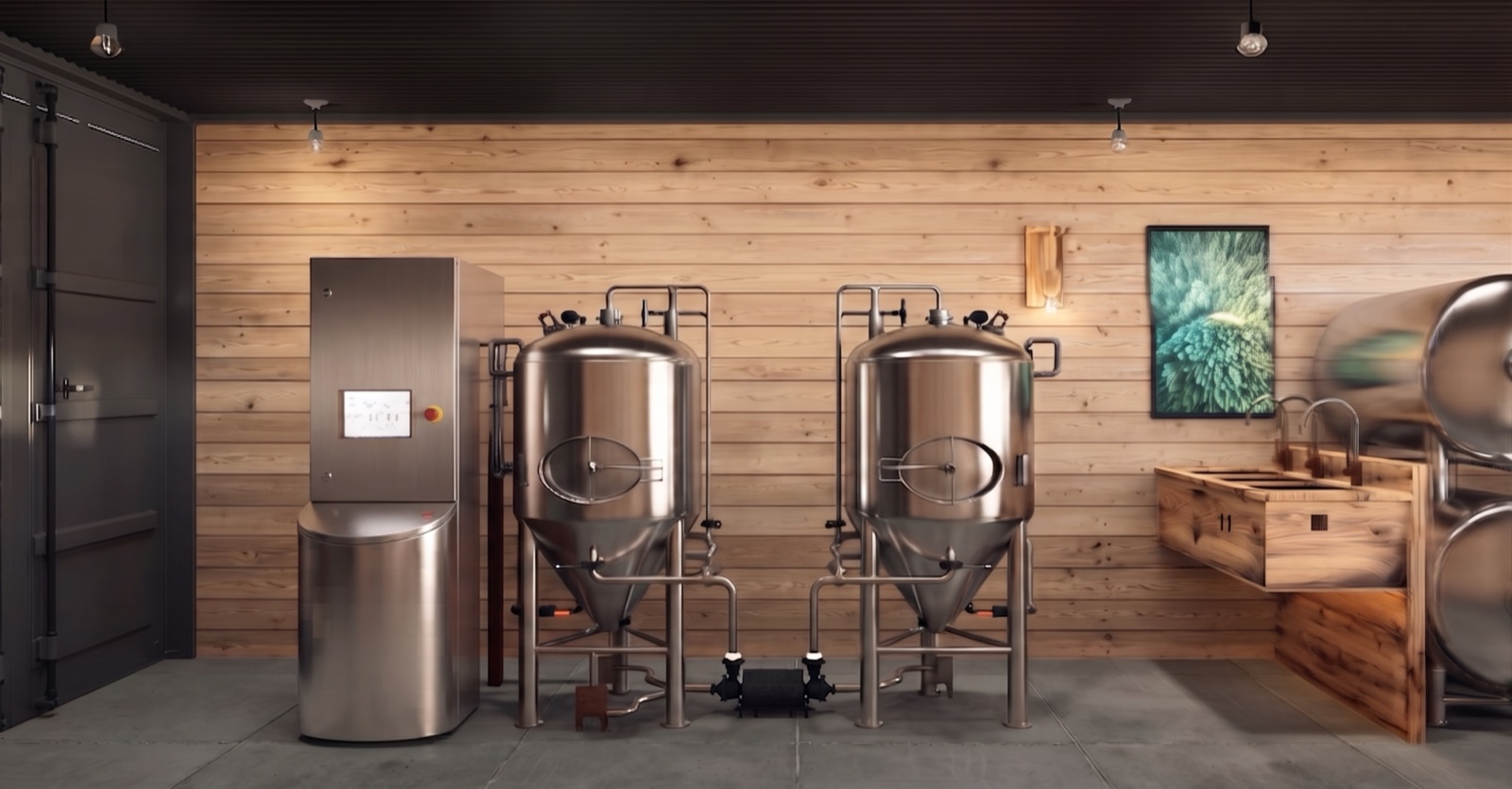 Stainless steel fermentation tanks and brewing control cabinet inside the BrewBox against warm wood walls