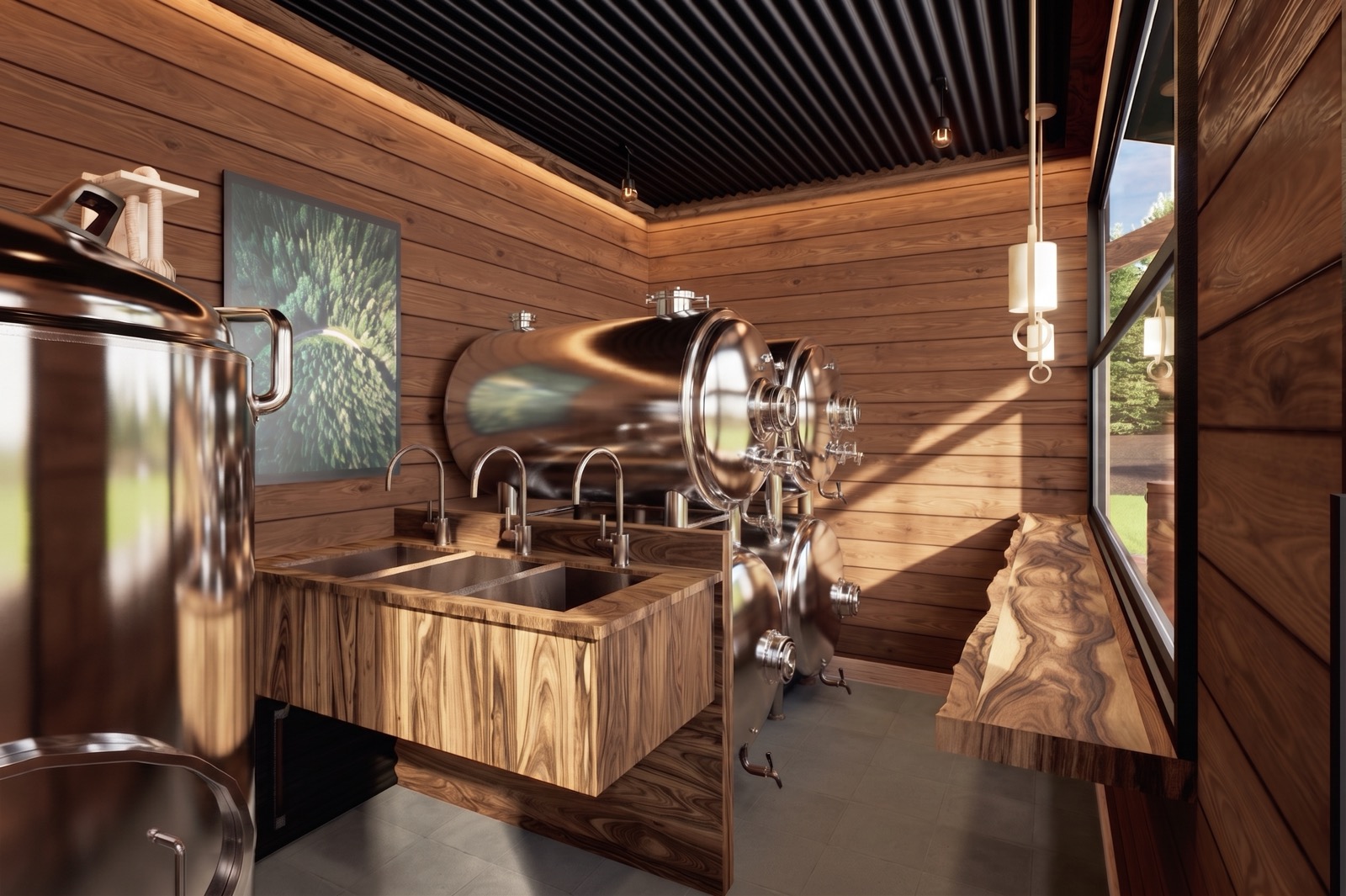 Interior: stainless tanks and wash sinks