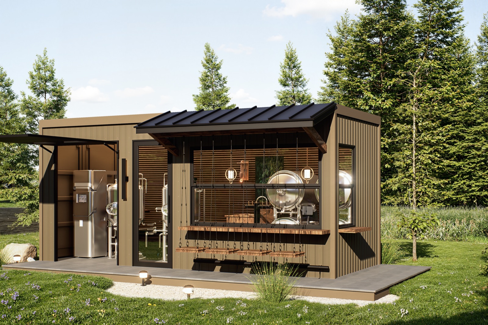 BrewBox with end garage door open revealing equipment access behind the tank array