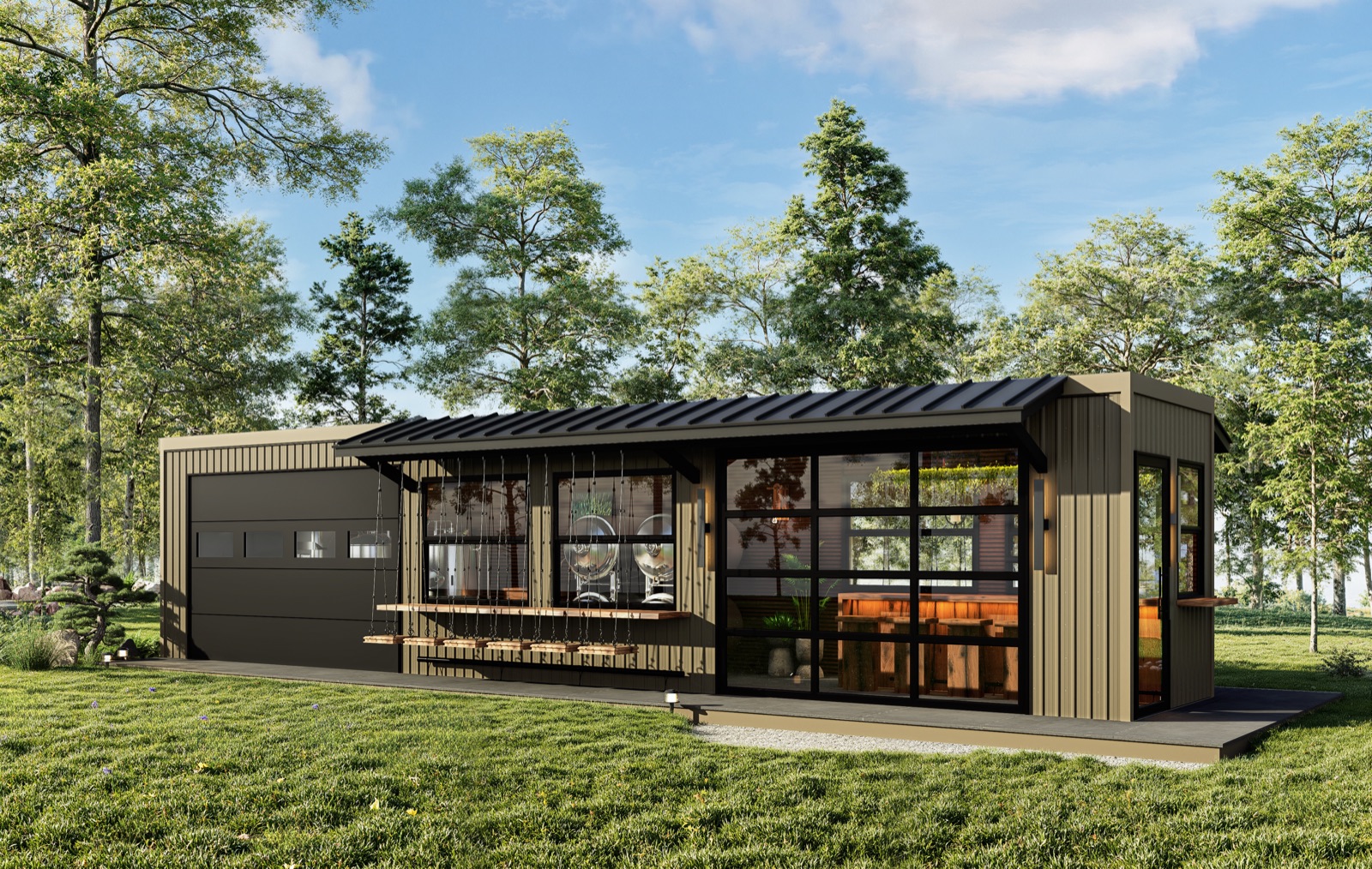 40-foot Treebox BrewBox with glass garage doors and serving rail