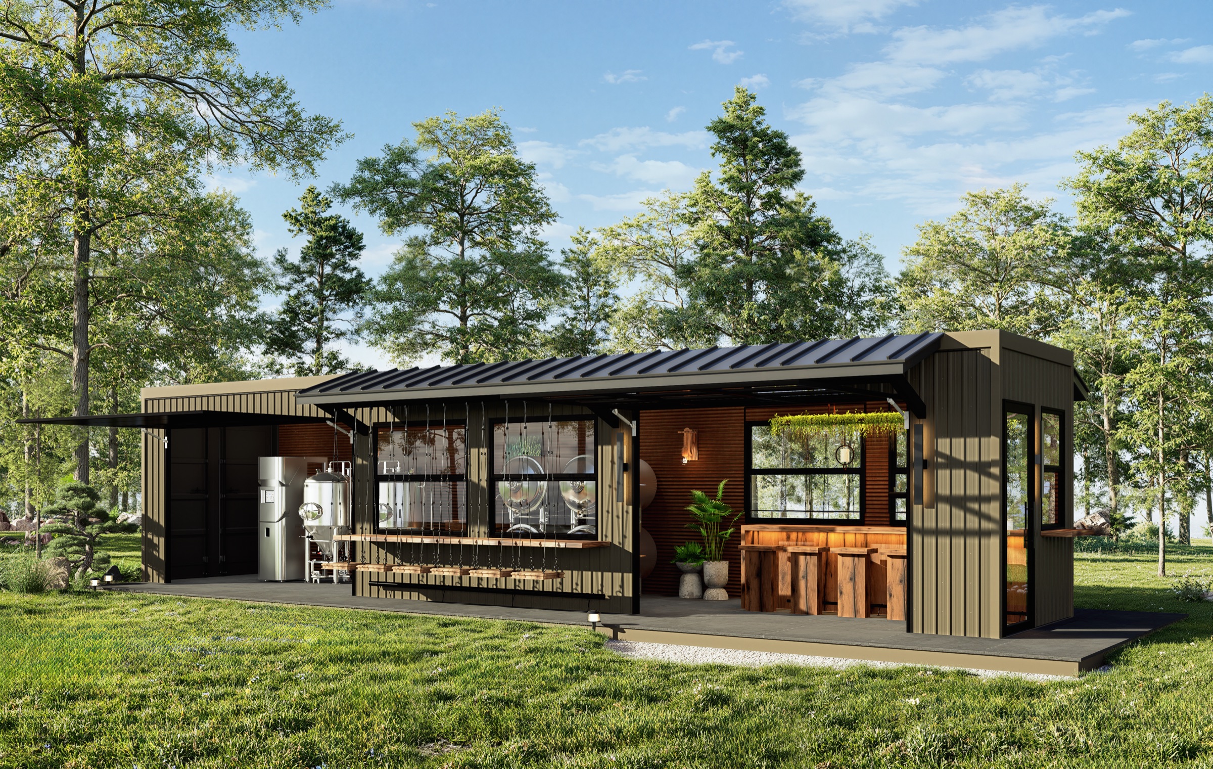 Treebox BrewBox 40-foot micro-brewery with full side open, patio bar and brewing equipment visible
